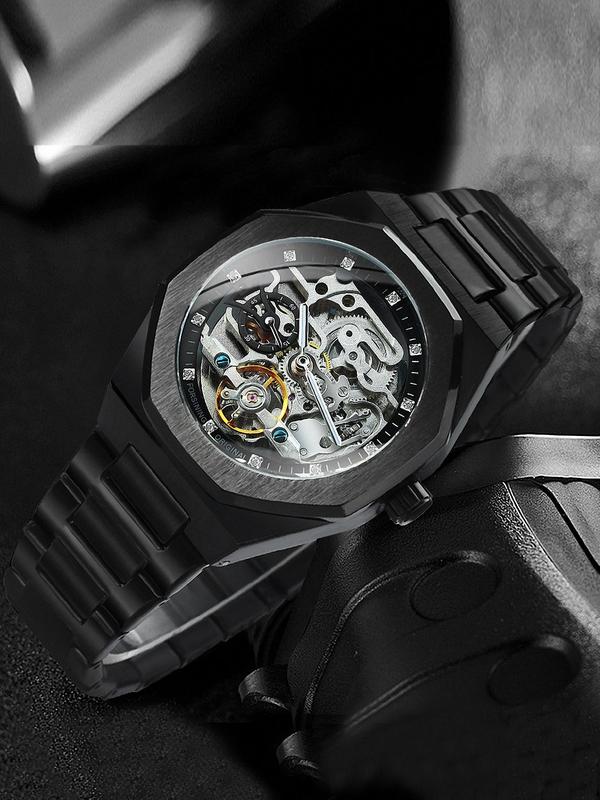 Men's Classic Business Rhinestone Decorated Analog Mechanical Watch, Fashion Watches for Men, Luminous Hands Watch for Party, Daily Clothing Decor, Trendy All-match & Exquisite Watch for Birthday Gift with Box 1
