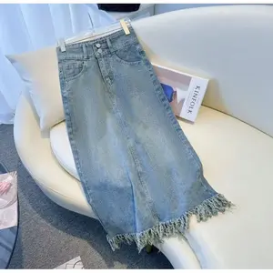 ALYA - Denim Skirt Rok Jeans S05 Vintage Midi Skirt Jeans Rawis A-line Kancing 2 Rok Jeans Wanita Korea Style Rok Jeans Highwaist Rumbai