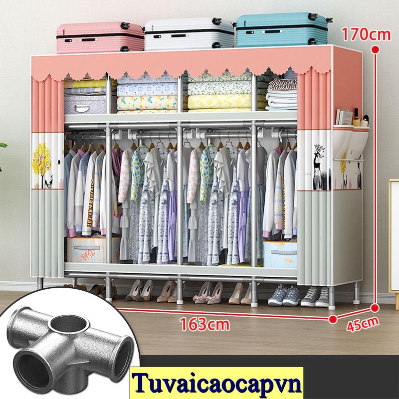[Tuvaicaocapvn] Tủ đựng quần áo vải khung thép Chốt Nối Thép 3 Buồng cỡ lớn ngang 1m5 tháo lắp đa năng tủ vải gấp gọn tudung  quanao tủ  quần sắt bằng tủ  đựng  quần  áo  lắp  ráp
