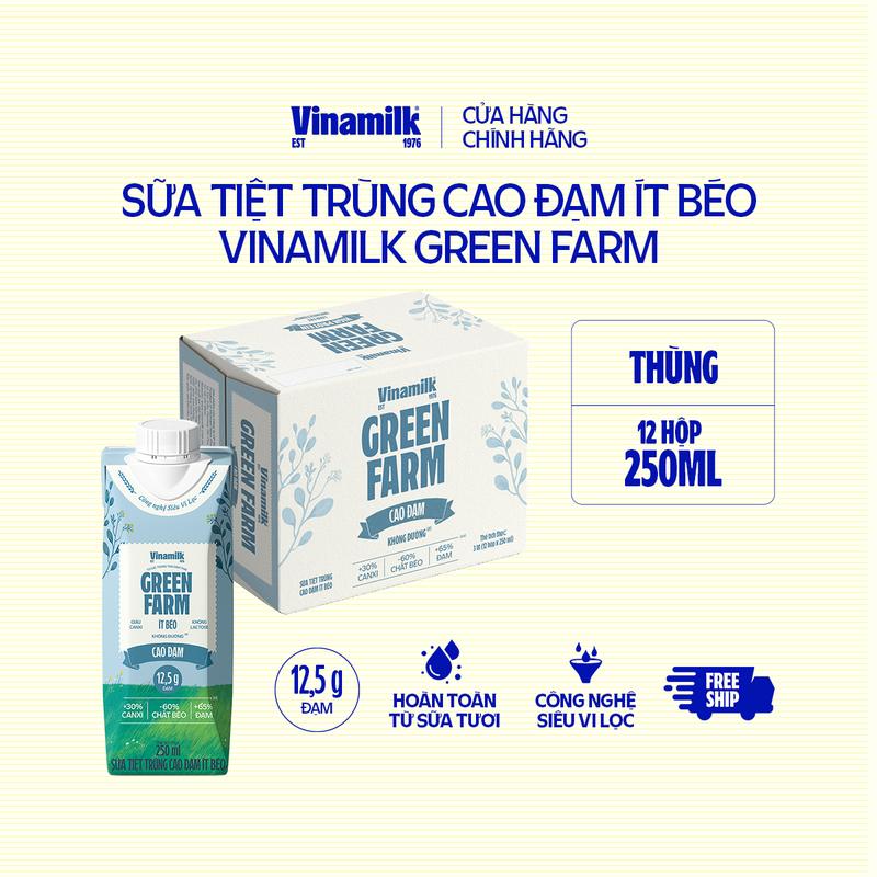 Sữa tiệt trùng Cao đạm ít béo Vinamilk Green Farm Không Lactose, Không Đường, Vị Thân Thiện - Thùng 12 hộp x 250ml