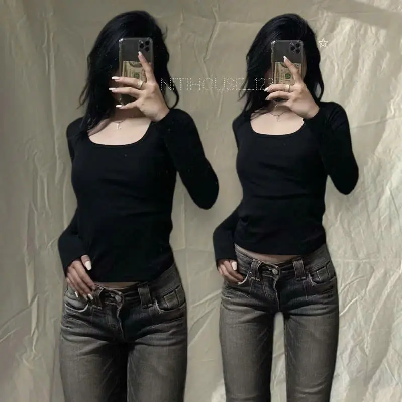 [Nhidang.123] Áo tay dài body ôm lửng trơn cổ vuông U y2k mới cho nữ - Women
