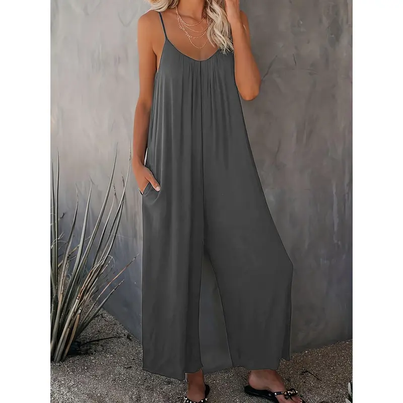 Plus Size Basic Jumpsuit, Women's Plus Solid V Neck Wide Leg Summer Cami Jumpsuit 7