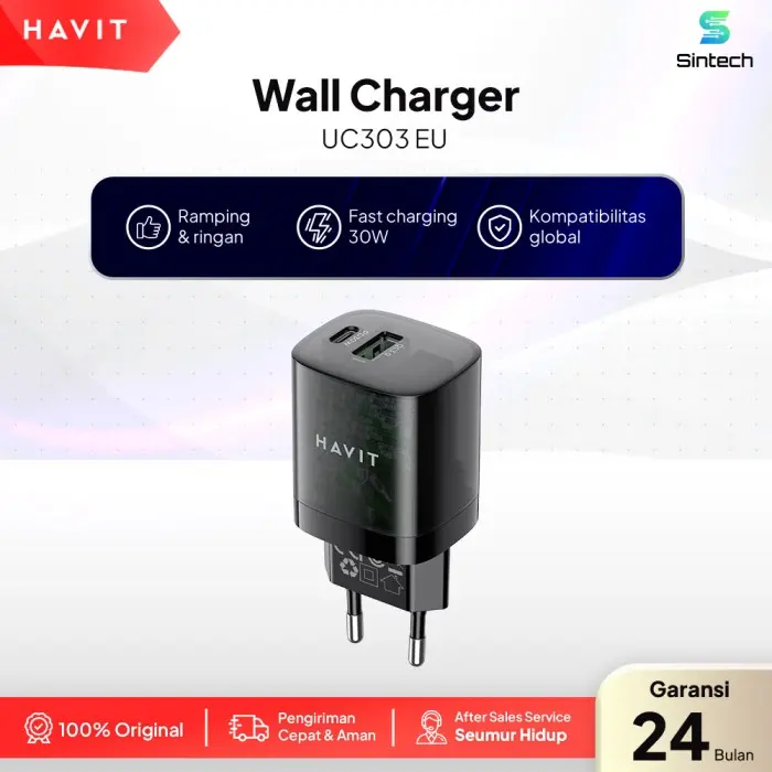 HAVIT Wall Charger Fast Charging UC303 EU Hitam USB-A+USB-C Adapter