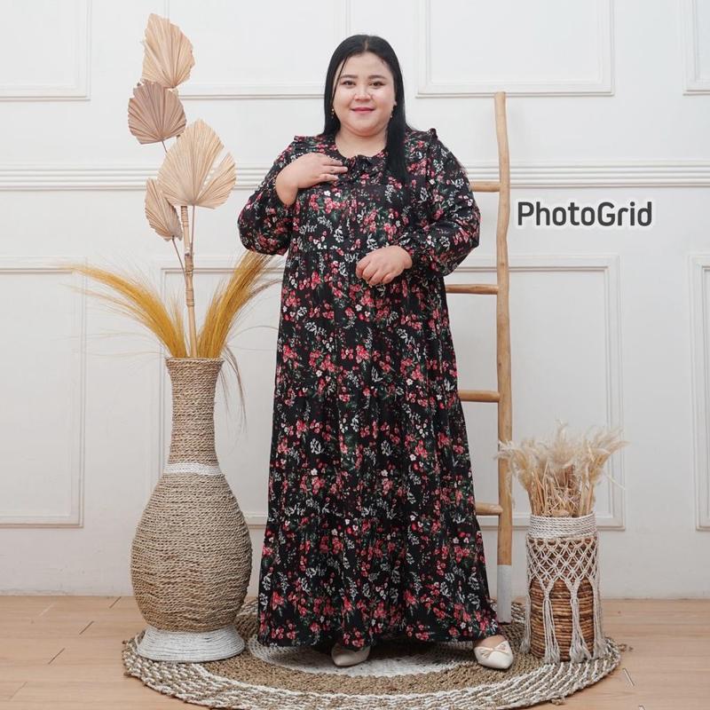 Product Introduction of Midi dress jumbo LD 130 rayon premium-Gamis rayon jumbo LD 130 muat BB 100kg busui motif bunga model A-line Maksi dress rayon jumbo LD 130 oversize-Midi dress rayon ld 130 jumbo motif bunga 2