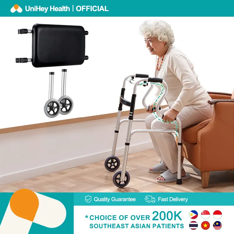 【UniHey】Foldable Walker for Senior Citizen Walking Chair with Wheels for Adult Elderly Mobility Aids Stick Equipment