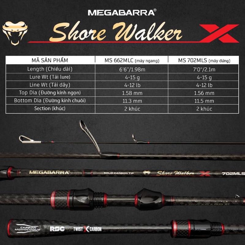 Cần Câu Megabarra SHORE WALKER Ngọn Đặc - 2 Khúc, Fuji Fishing Lure Đi Câu Bắt Cá Câu Cá