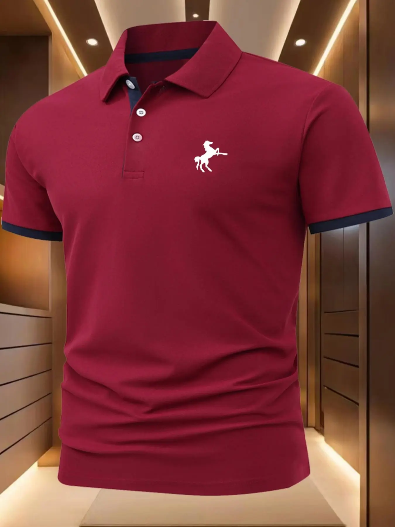 Men's Regular Fit Colorblock Horse Print Polo Shirt, Casual Short Sleeve Collared Top for Summer, Fashion Men's Clothes for Daily Wear, Menswear