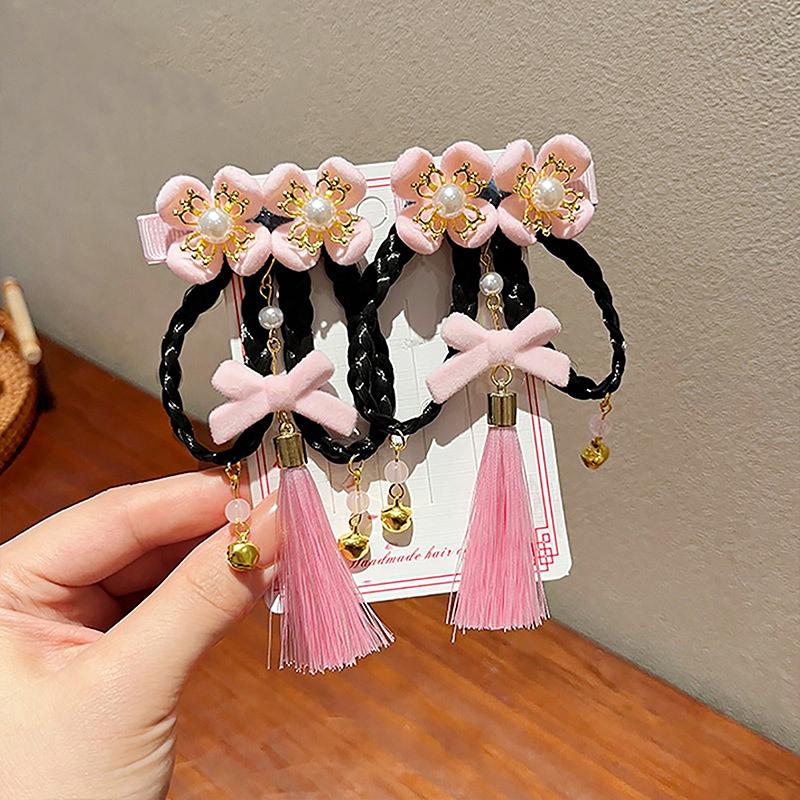 Kẹp Tóc Trẻ Em, Màu Đỏ, Phong Cách Trung Quốc Hanfu, Mũ Cài Tóc, Tóc Giả Nữ, Thiết Kế Tua Rua, Phụ Kiện Tóc Em Bé