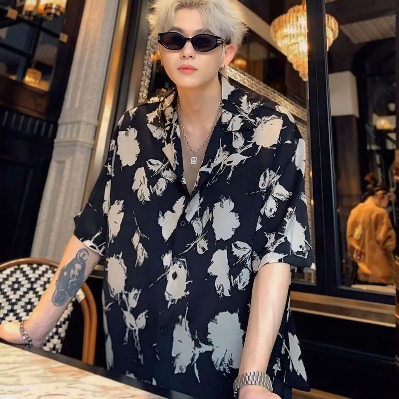 [Xả kho cuối năm] Áo sơ mi nam nữ tay ngắn đi biển in hoạ tiết hoa hồng, chất vải Ford Hàn dày dặn, phù hợp cho mùa hè KS Shop Menswear Shirt Kate