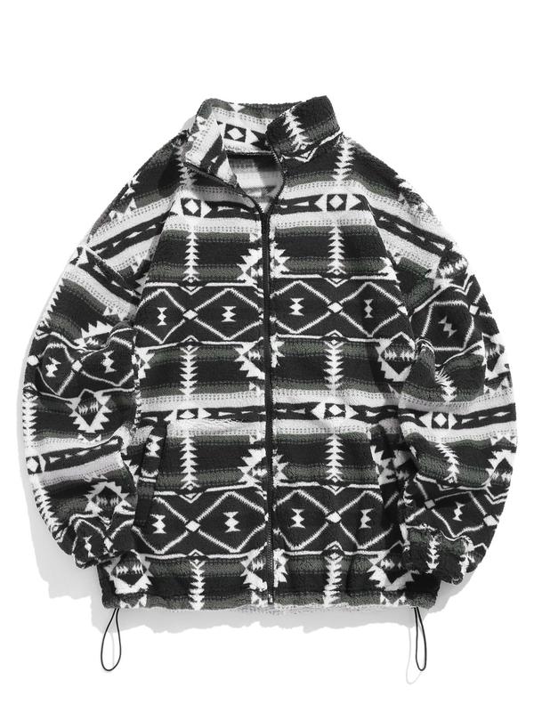Women's Vintage Ethnic Pattern Drawstring Zip Up Coat, Fashion Cozy Drop Shoulder Long Sleeve Full Zip-up Teddy Outerwear, Trendy Women's Clothes, Y2k Workwear Outfits Streetwear, Balkan School Outfits, Ethnic Clothing UK 3