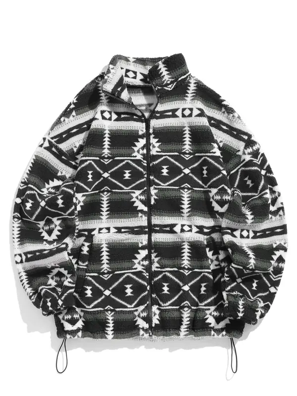 Women's Vintage Ethnic Pattern Drawstring Zip Up Coat, Fashion Cozy Drop Shoulder Long Sleeve Full Zip-up Teddy Outerwear, Trendy Women's Clothes, Y2k Workwear Outfits Streetwear, Balkan School Outfits, Ethnic Clothing UK 3