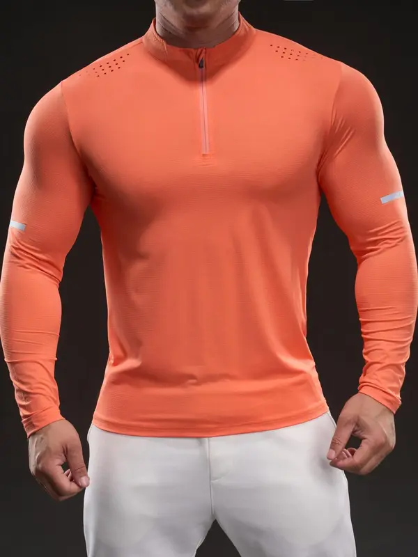 Men's Half Zip Up Stand Collar Sports Tee, High Stretch Tight-fitting Casual Comfy Breathable Long Sleeve T-shirt for Gym Workout Running, Men's High Stretch Sportswear for All Seasons, Athletic Fitted Breathable Mens Clothing 5
