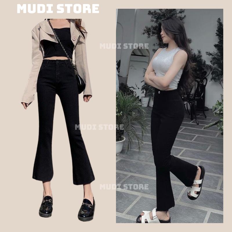 Quần Jeans Giấy Ống Loe CẠP CAO Đen Trơn Co Giãn Bốn Chiều, Siêu Tôn Dáng Pants Denim Nữ Women