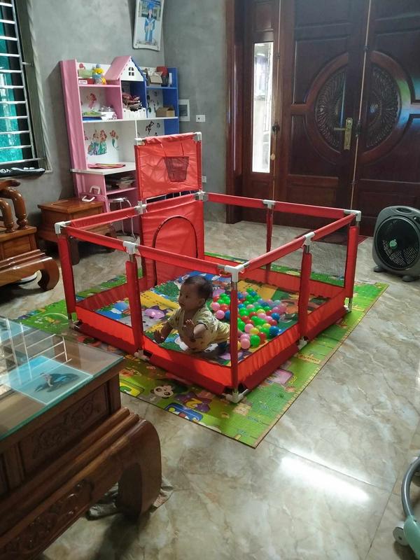 Quây bóng Vuông, rào chắn, quây cũi cho bé, có khung bóng rổ kèm tặng bóng , khung inox (kt 1m28x1m28) to rộng thoải mái cho 4 bé chơi cùng) Đồ Chơi bảo hành của nhà cung cấp xanh đậm rào chắn cautru  otchobe