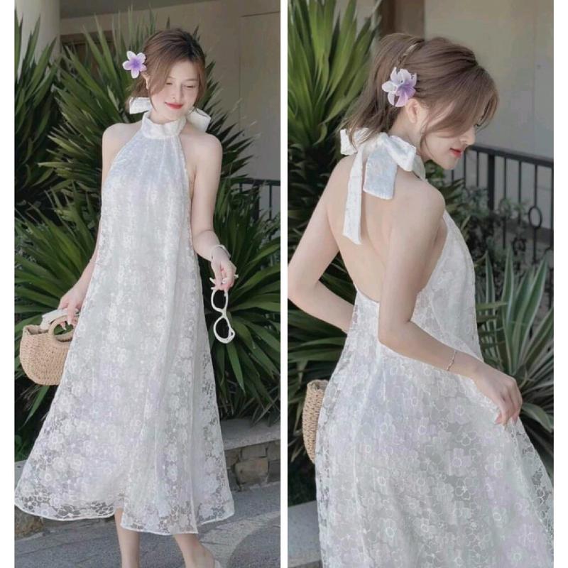 2Q386 Đầm Baby Doll Nữ Cổ Yếm Dàng Dài Xòe Sang Trọng Dress Women form Rộng - Botstore Ren Màu Trắng