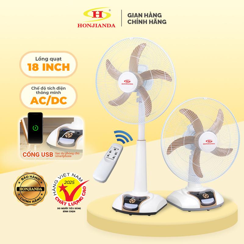 Quạt Sạc Tích Điện Honjianda dạng đứng AC&DC 18 inch FL628 - 3 phân loại chiều cao ( L-Low / M-Medium / H-High ) có remote điều khiển và đèn LED hỗ trợ cúp điện, có tích hợp cổng sạc USB
