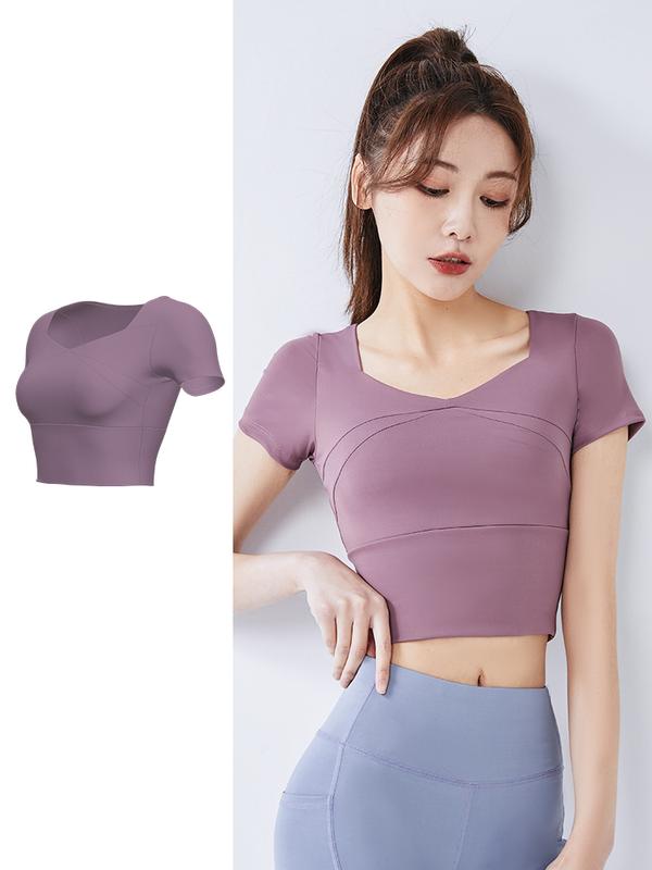 Áo thể thao yoga crop top, áo chạy bộ, quần tập gym ngắn tay, Tích hợp miếng đệm ngực cố định Sport Tập Thể Dục Nữ Tập Aerobic Áo Thun có thể giặt máy 【l】 áo thun thể thao 3