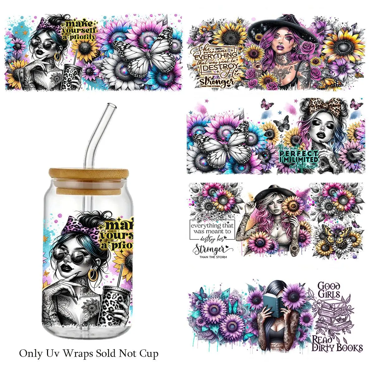 Gothic Butterfly Flowers Pattern UV DTF Cup Warps, 5 Counts/set Waterproof Self-adhesive Transfer Decals, Practical Sticker for 160Z Mug Water Bottle Cup Decor