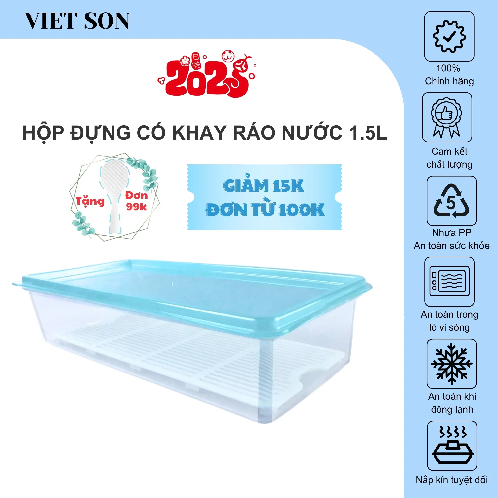 Hộp Nhựa Thực Phẩm Chữ Nhật Nắp Kín Có Khay Ráo Nước Việt Son 1.5L