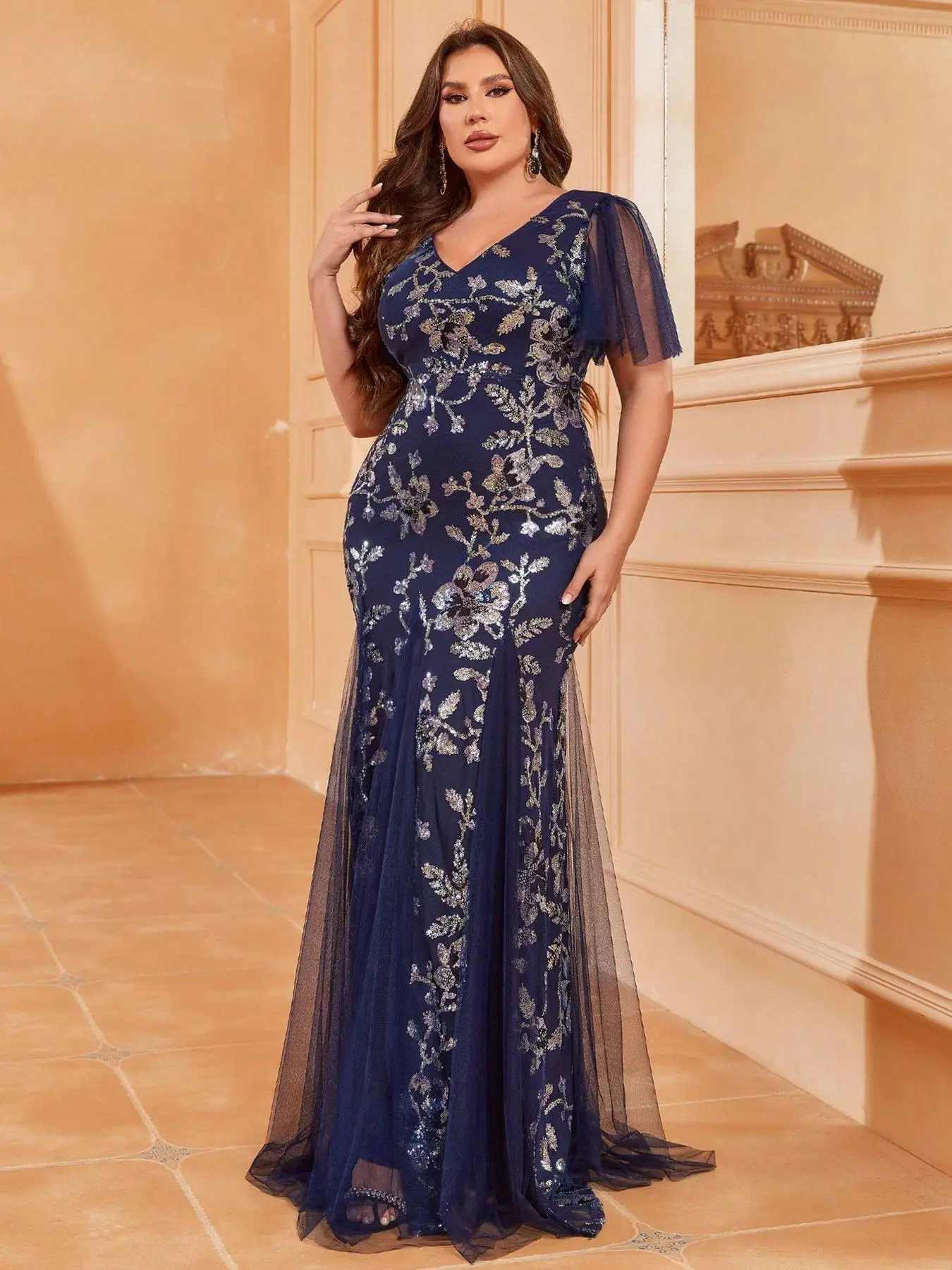 Plus Floral Print Backless Contrast Mesh Glitter Sequin Mermaid Evening Dress, Elegant V Neck Butterfly Sleeve Evening Party Gown, Women's Clothes for All Seasons