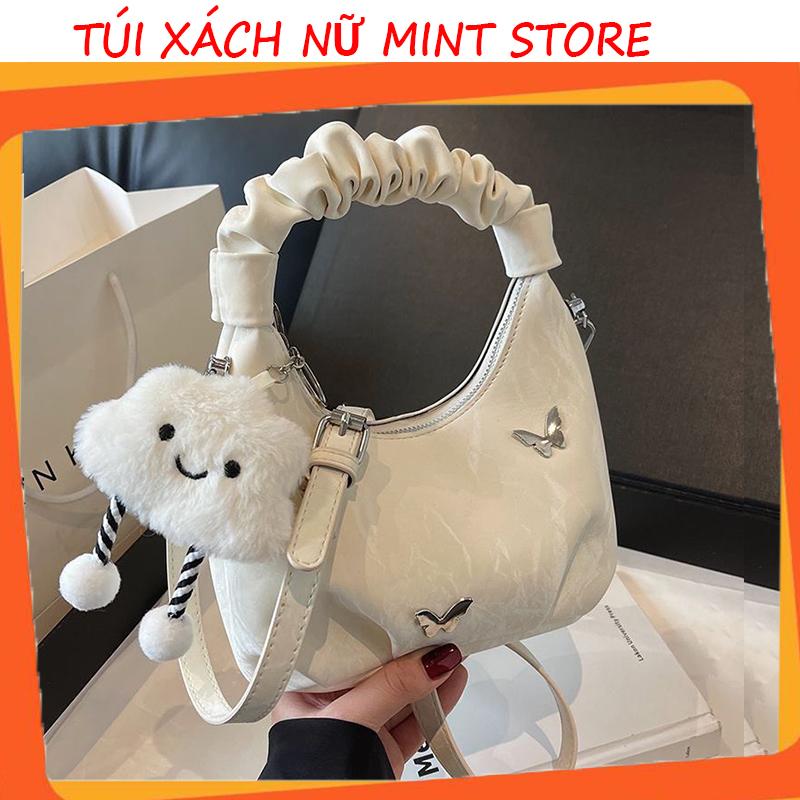 [TẶNG KHÓA MÂY] Túi Xách Nữ Cầm Tay Quai Rúm, Túi Đeo Chéo Đính Mác Cute Da Nhung Mềm Đi Chơi Hot Trend Bag 808 Kem