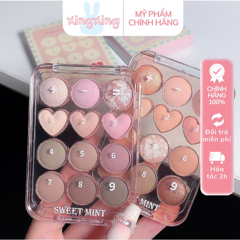 Bảng phấn mắt 12 ô trái tim SWEET MINT tone hồng cam đào màu lấp lánh không thấm nước và bền màu