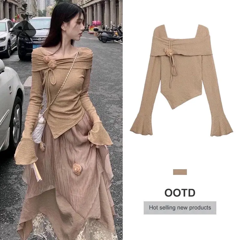 Áo kiểu trễ vai tay ống loe chất xốp dệt kim như ảnh cài hoa nơ phong cách mùa thu A304