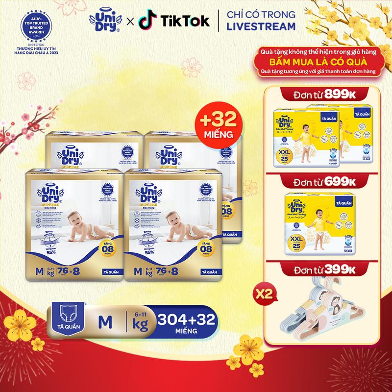 Combo 4 Tã quần UniDry Supreme siêu mỏng chỉ 2mm size M/L/XL/XXL/XXXL Cho Bé
