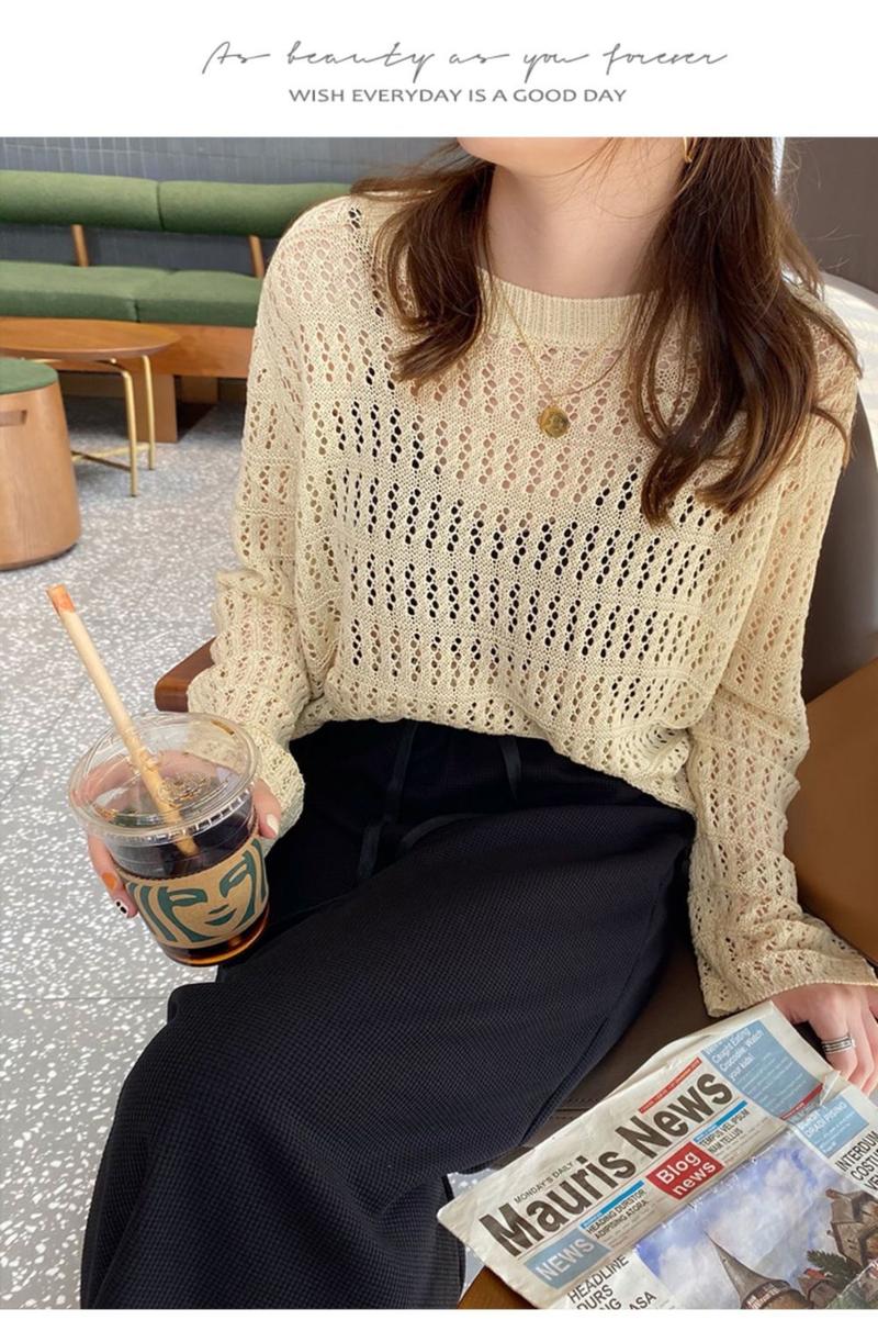 Product Introduction of 🔥Top fashion hollow out knits trendy women new loose slimming outside wear thin ruffles long sleeve shirt trendy top for women Womenswear Knitwear 9