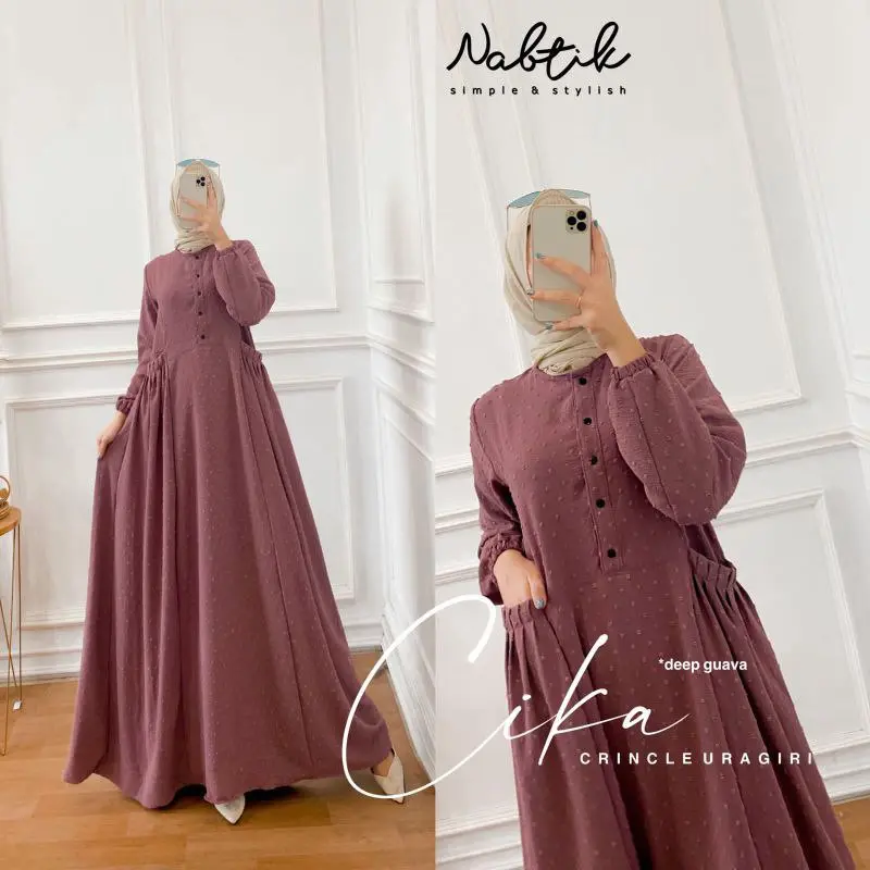Dauni Store Gamis Terbaru Bahan Crinkle Airflow Polos Mewah 2023 Hitam Putih Navy Cokelat Kantong Lembut Muslim Panjang Kancing Dress Samping Tebal 0
