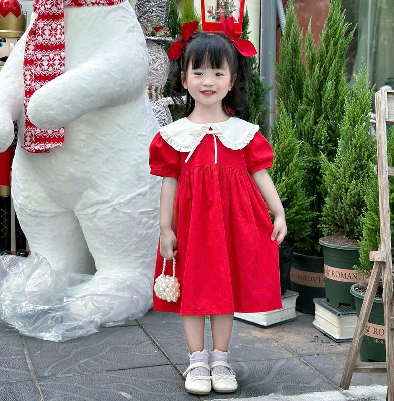 Váy babydoll phối cổ sen xinh xắn cho bé gái mặc Noel,mặc Tết chất thô cotton mềm mát,phom chuẩn thiết kế nhà Loha kids đầm  baby