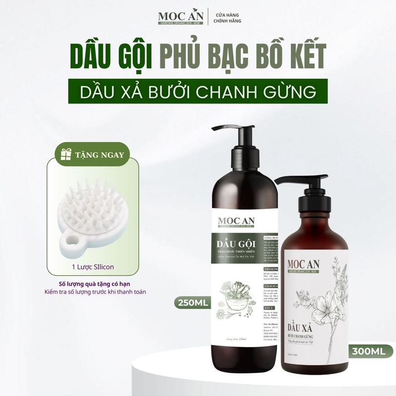 Combo Dầu Gội Phủ Bạc Thảo Dược Bồ Kết 250ml & Dầu Xả Chanh Gừng 300ml Mộc Ân Haircare Dưỡng Tóc