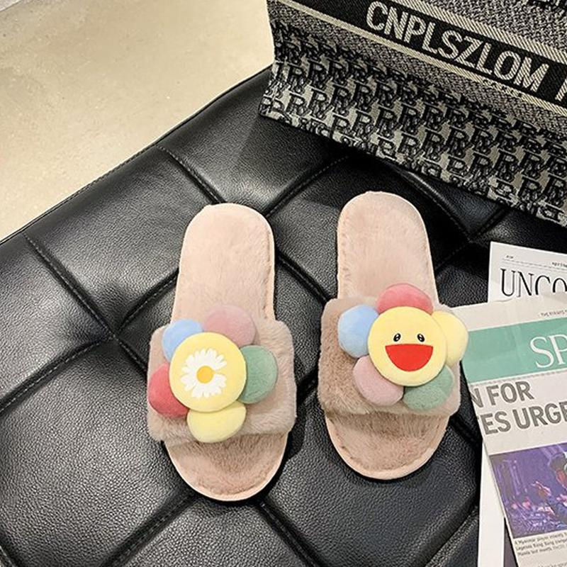 Dép lông thỏ hình Hoa mặt cười to đi trong nhà, quai ngang dạng bánh mì, đi ấm chân vào mùa đông Dép Nữ 5