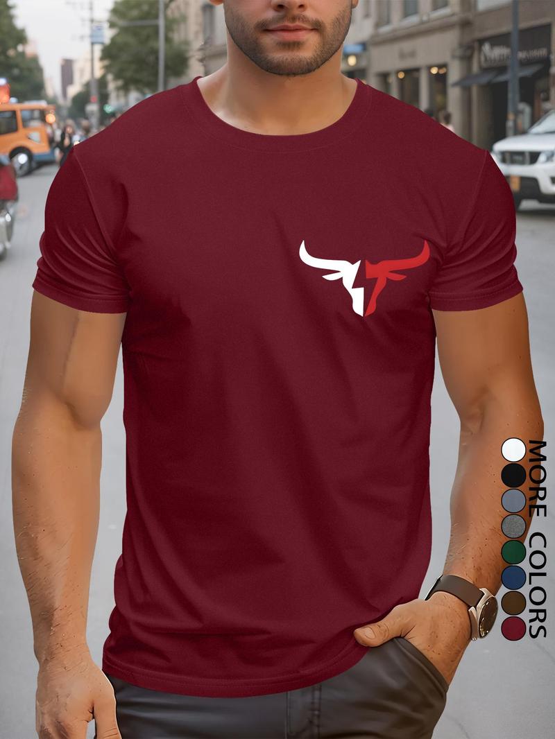 Product Introduction of Men's Regular Fit Bull Head Print Round Neck Tee, Casual Short Sleeve Crew Neck T-shirt for Summer, Fashion Men's Top for Daily Wear 6