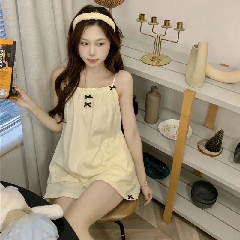 Haj bộ 2 dây quần cộc vải đũi mềm phố nơ mùa hè 0