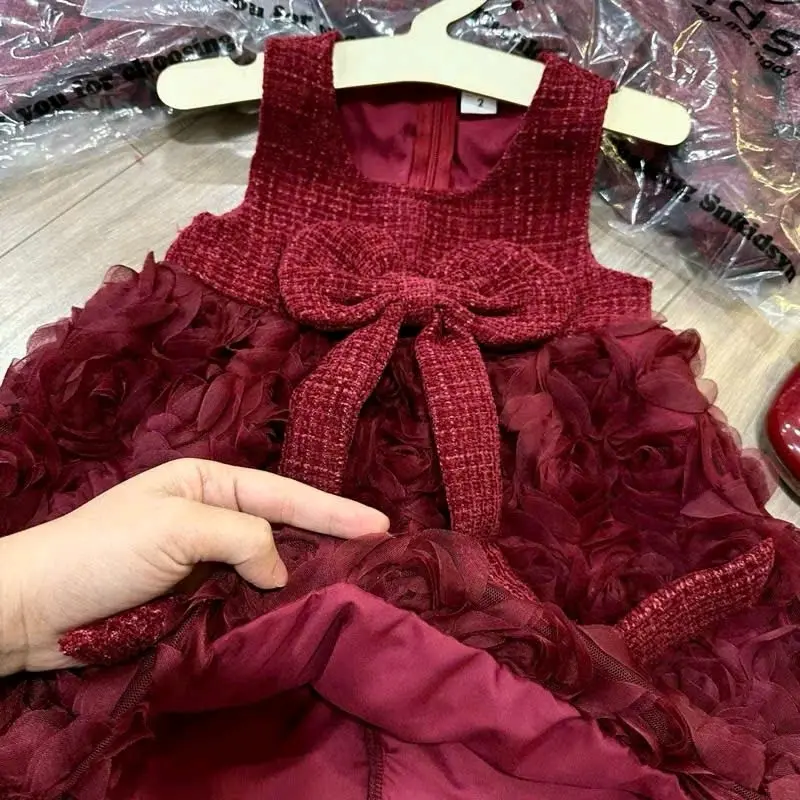 set đầm dạ hoa đỏ cho bé gái xinh xắn