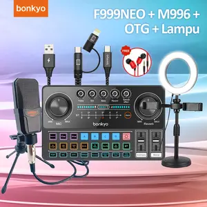 Bonkyo [Nilai Hebat]  Sound card F999NEO + mikrofon M996 + lampu pengisi + set kabel OTG 2-in-1! 4 tombol yang dapat disesuaikan + layar sentuh LED + baterai 1800mAh - wajib dimiliki untuk karaoke langsung!