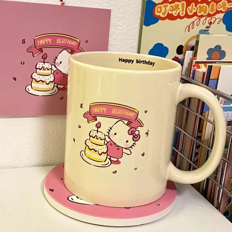 Cốc Đánh Dấu Hello Kitty, Phong Cách Instagram, Ưa Nhìn, Cốc Nước Dễ Thương, Thích Hợp Cho Gia Đình, Phong Cách Cô Gái Trẻ, Cốc Sữa, Có Tay Cầm, Phong Cách Instagram, Cốc Đánh Dấu 2
