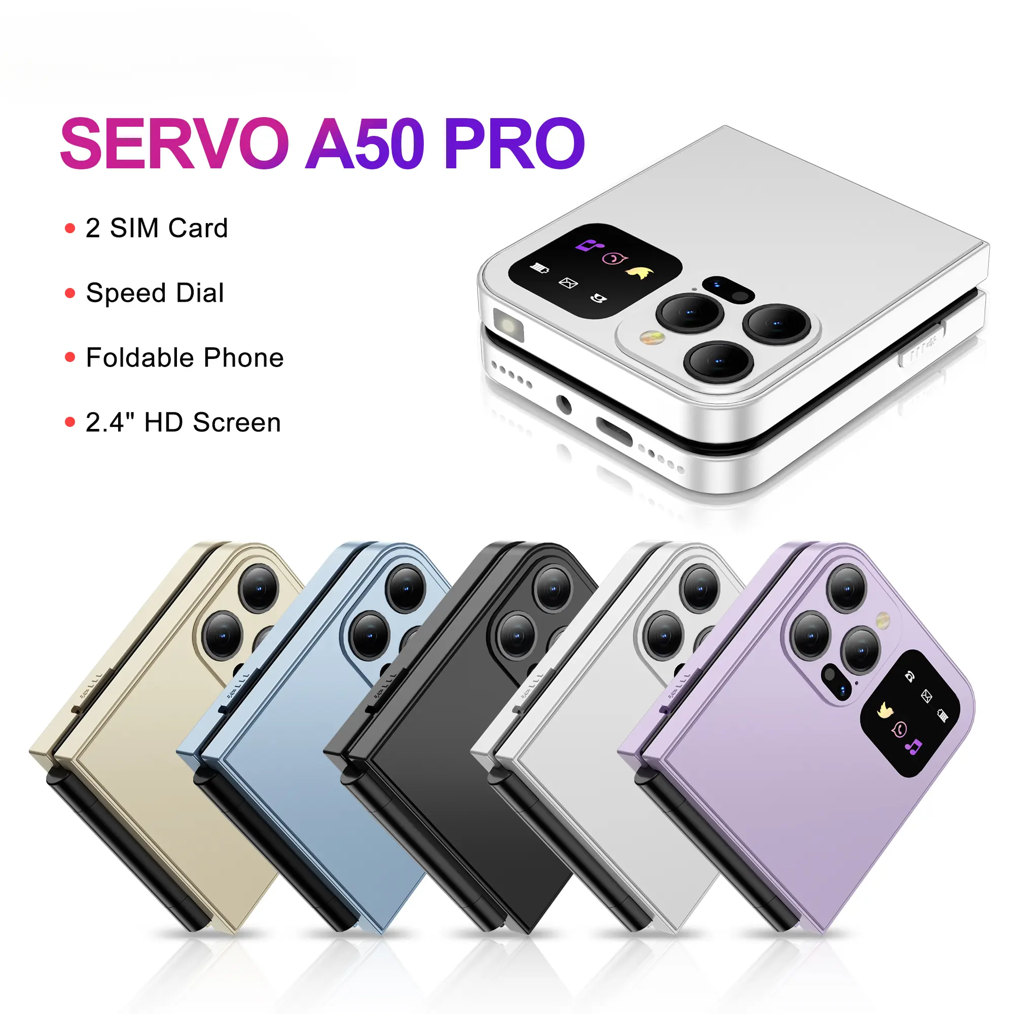 Điện thoại di động, A50 Pro, Điều Khiển Từ Xa Lật, Thẻ SIM kép (GSM), Đèn Pin Điện, Ghi Âm Cuộc Gọi Tự Động, Màn Hình Có Thể Gập Lại 2,4 inch, Loại C, Tương Thích Với Android
