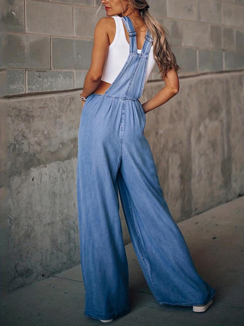Product Introduction of Women's Denim-Effect Print Plicated Wide Leg Overalls Jumpsuit, Fashion Casual Pocket Square Neck Overalls Jumpsuit for Daily Outdoor Wear, Ladies Clothes for All Seasons 9