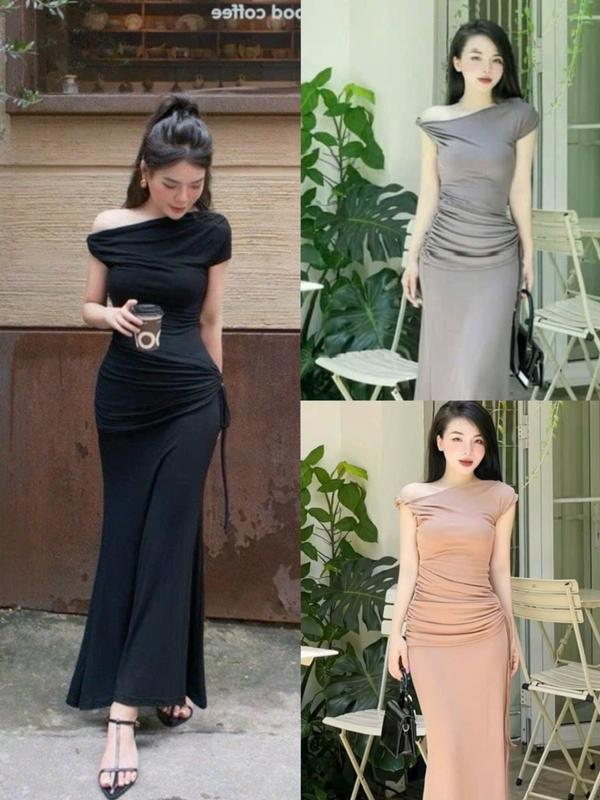 Đầm body lệch vai dáng đuôi cá nhún eo siêu tôn dáng - thun gân lạnh H732 Váy boby , váy body nữ tôn dáng , váy xinh , váy đi tiệc , váy đi biển