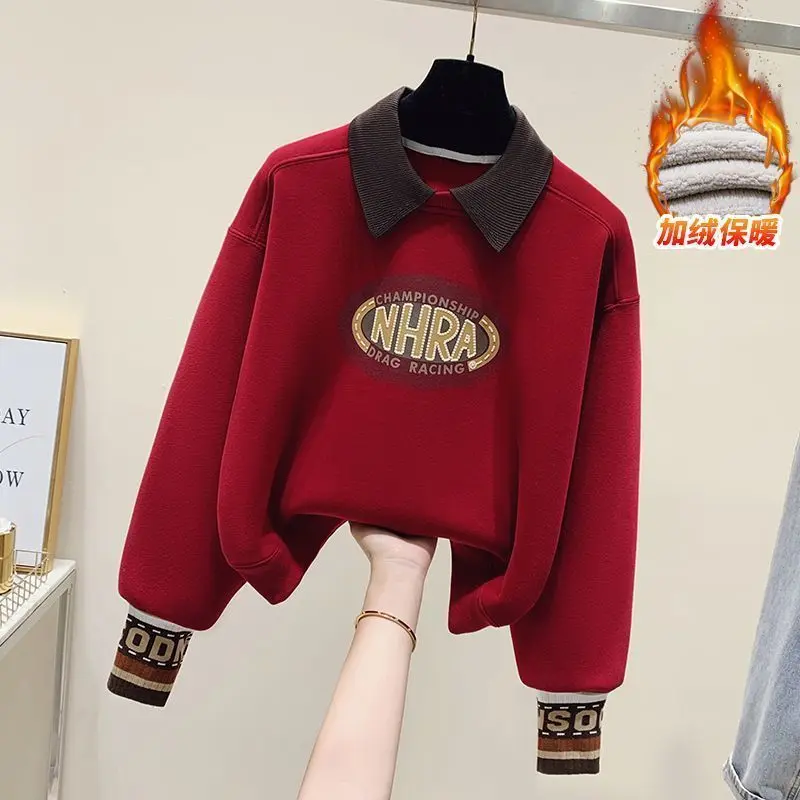 Popular Real Shot 2025 New Year Early Spring Fashion Printing Fashion Peter Pan Collar Sweater Fleece-lined False Two-Piece Sweaters Women Knitwear Womenswear