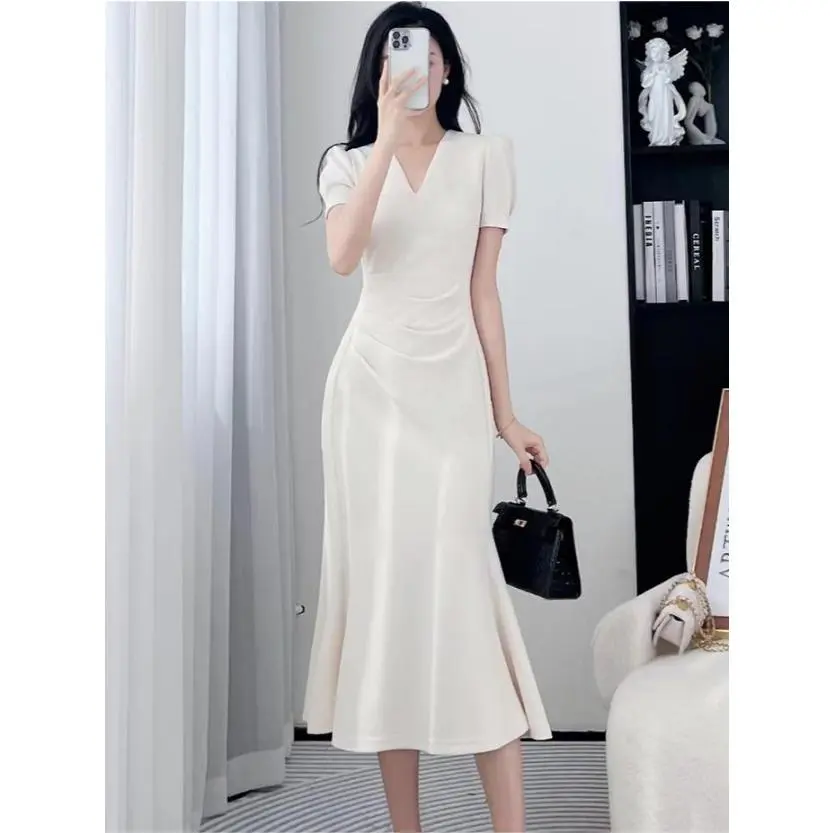 7892 Summer midi white graduation dress for women casual elegant for civil  wedding mothe church plus size - TikTok Shop Malaysia