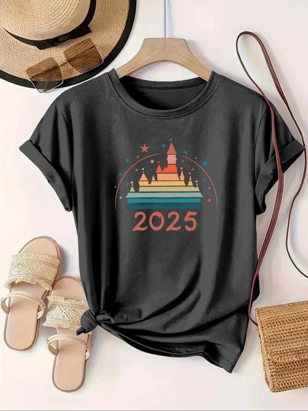 【Plus Size】 Cartoon Castle & Figure Print Round Neck Tee, Casual Short Sleeve Crew Neck T-shirt for Summer, Women's Plus Clothing for Daily Wear 5