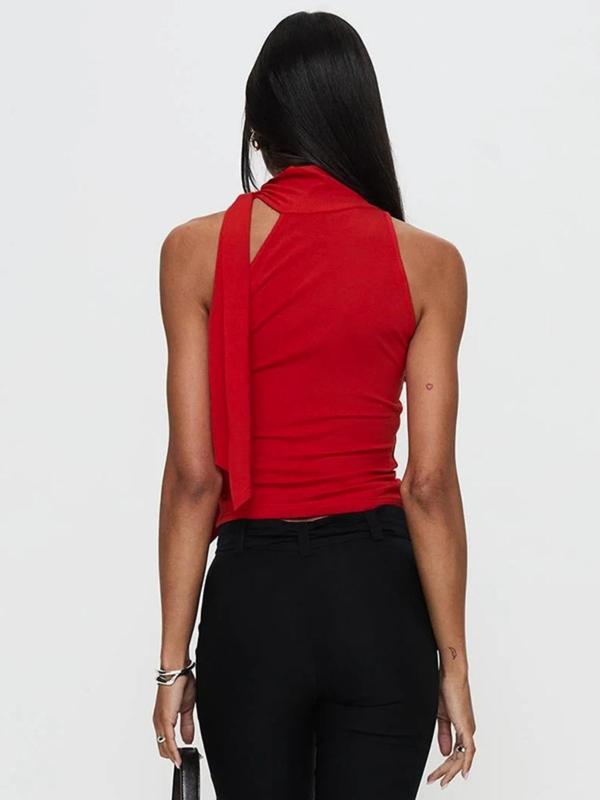 Women's Solid Knot Design Mock Neck Tank Top, Casual Sleeveless Top for Summer, Women's Clothing for Daily Wear 5