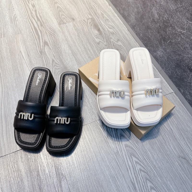 Dép lê gót vuông cao gót stick M.U [ĐÍNH GIỮA] đi nước đi mưa mẫu mới gót cao 7cm