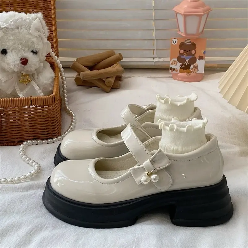 Giày lolita nữ đế đốc mary jane thời trang quai dán đính nơ ngọc hot trend 2025 GD55 Cao Su (CHUẨN SIZE) già y Hoa