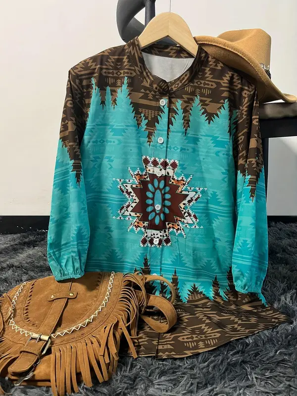 Women's Ethnic Pattern Button Front Blouse, Casual Bishop Sleeve Round Neck Top for Summer, Ladies Clothes for Daily Wear 2