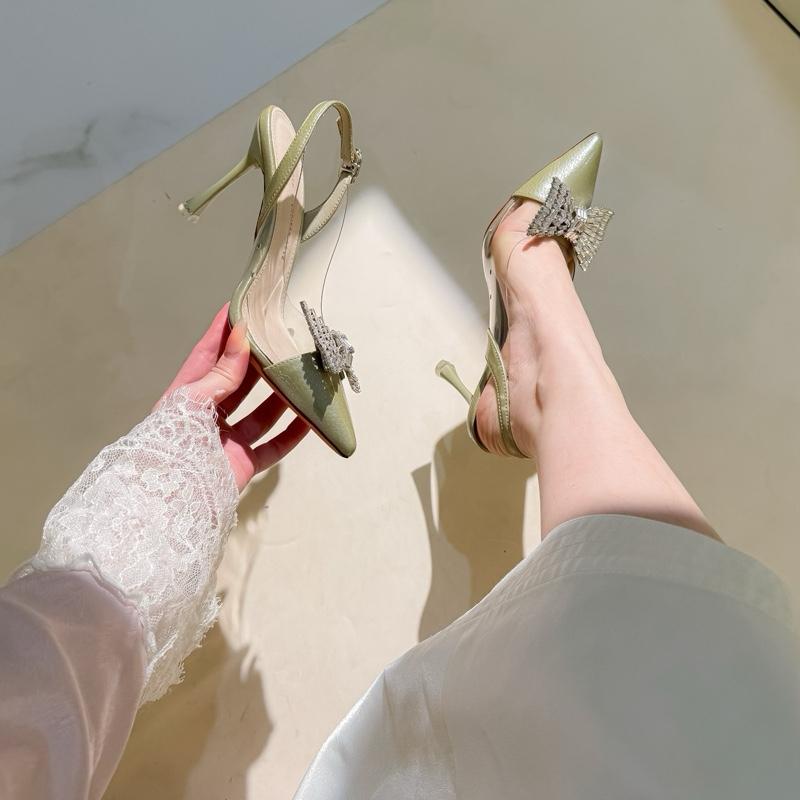 (8cm) Giày cao gót khuy nơ đá phối quai trong quai sau 300-16 Nữ