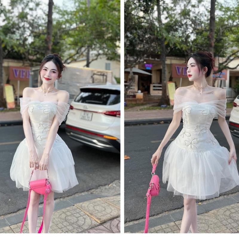 Đầm trắng trễ vai đi tiệc bàn cô dâu A595 kiểu 2 dây cúp vòng 1 form xòe công chúa dáng ngắn chất tafta phối lưới mix nhiều nơ đá có đệm mút có quần freesize KimHoa77 Nữ Dress Denim